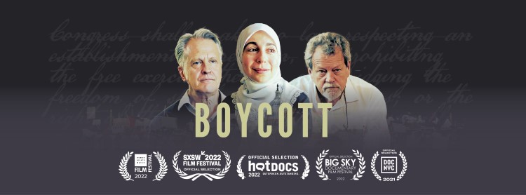 Poster for 'Boycott' documentary depicts three individuals looking solemn.