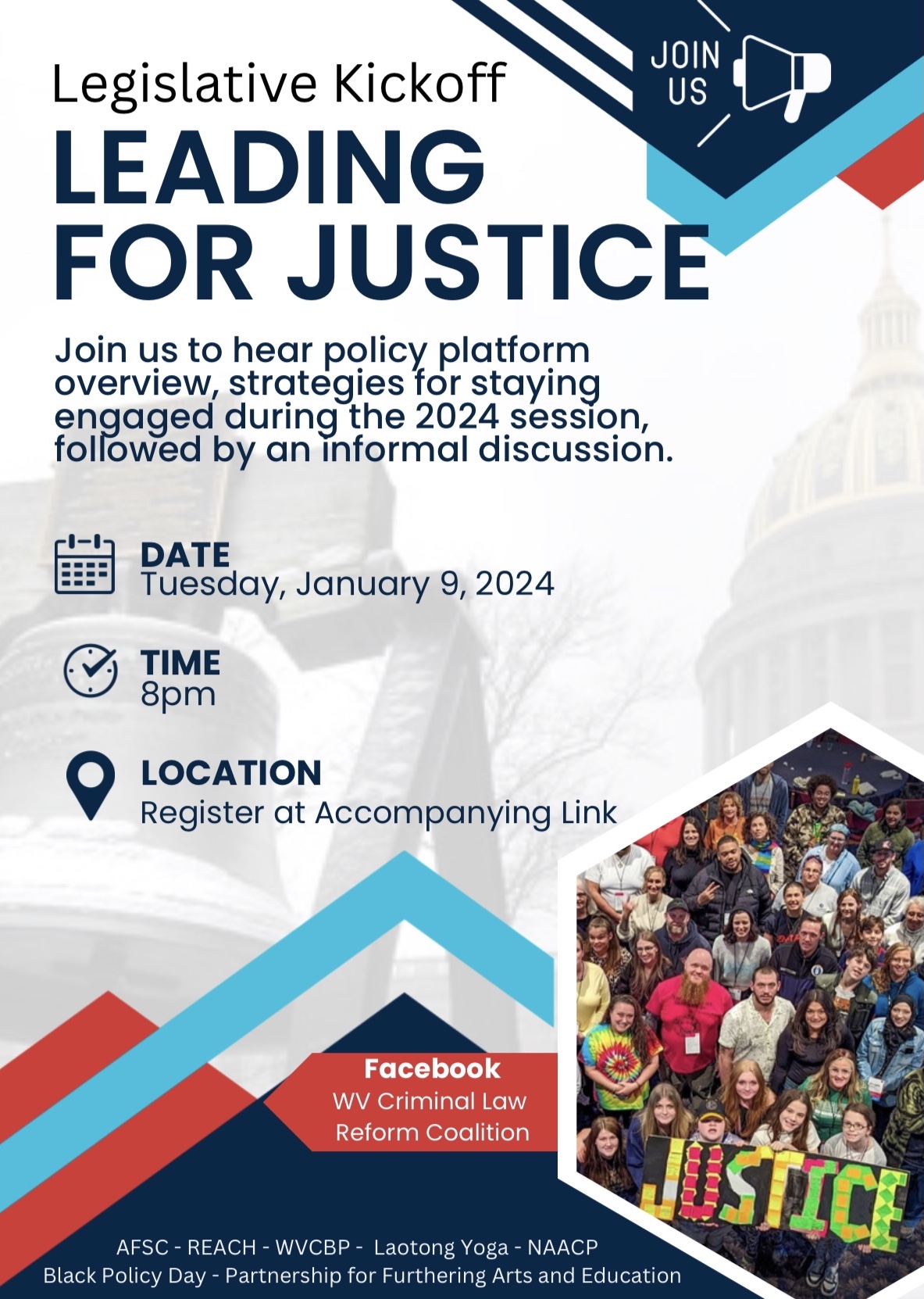 Flyer for Leading for Justice legislative kickoff