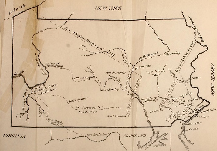 Map of colonial Pennsylvania from Pennsylvania Colony & Commonwealth by Sydney Fisher, Library of Congress, via Wikimedia Commons