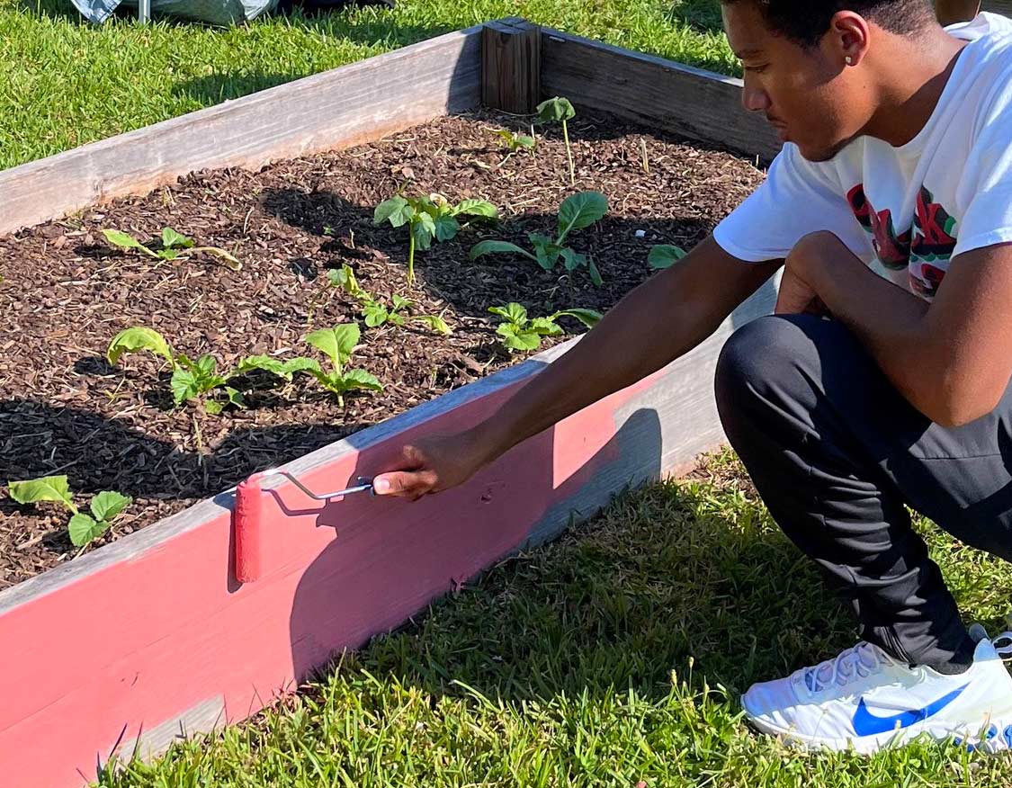 A young man painting a planter in a community garden