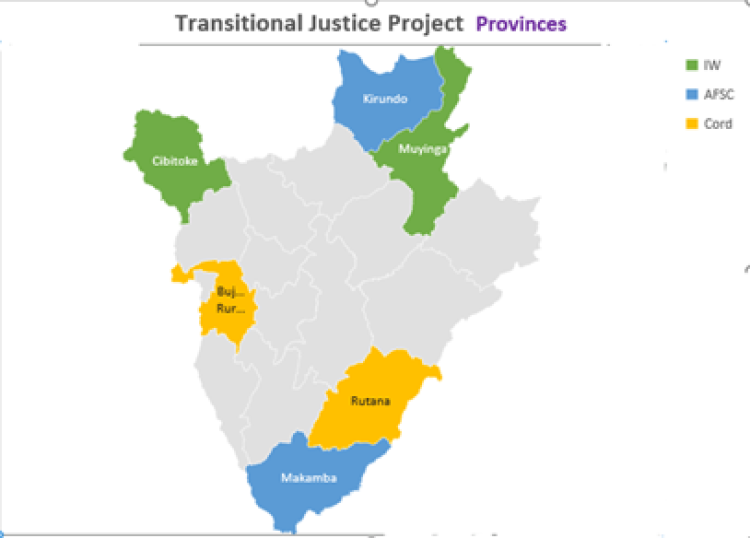 A map of Burundi showing Transitional Justice Project provinces