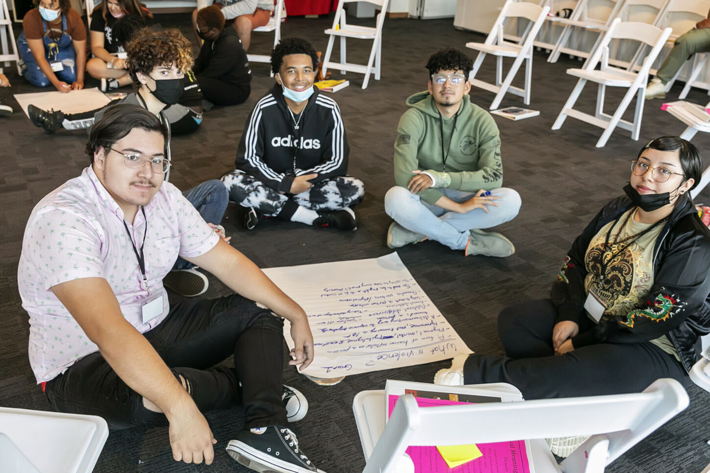 Four people sitting in a circle on the floor in front of a large poster board