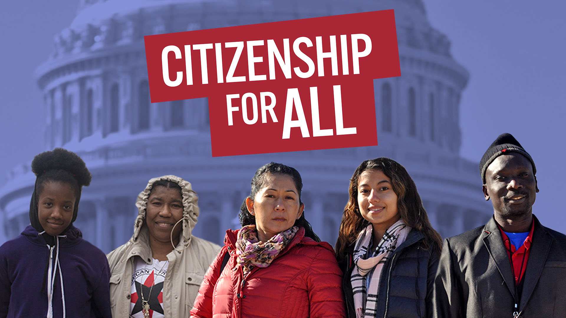 Graphic featuring five migrants and text saying 'Citizenship for All'