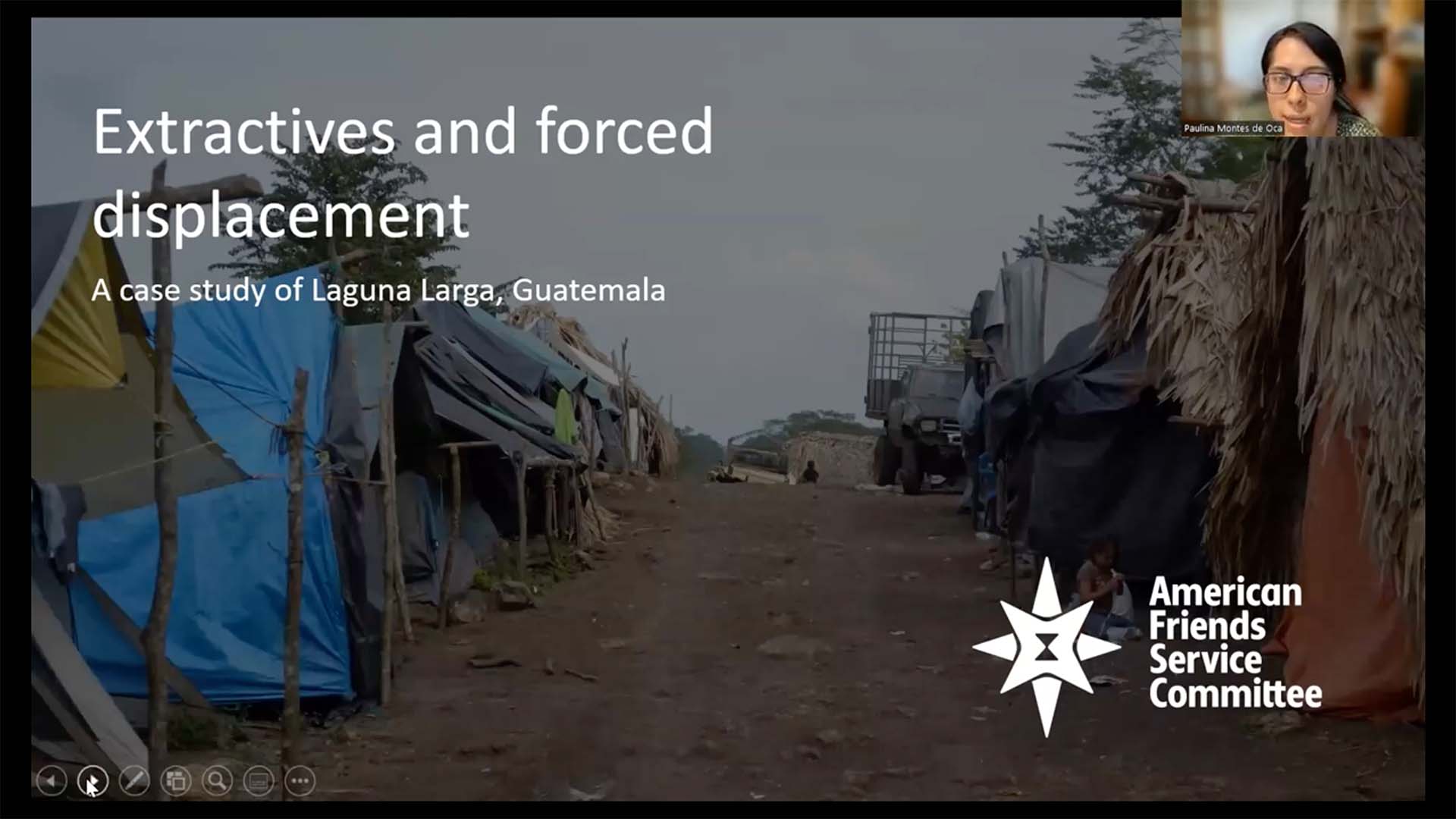 Webinar screenshot featuring a slide that says Extractives and forced displacement