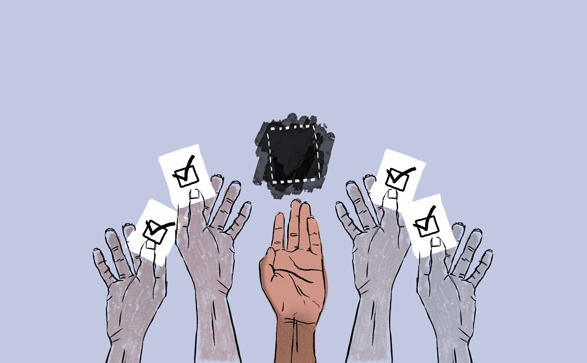 illustration of photo of hands outstretched reaching for ballot tickets