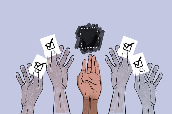 Illustration of four monochrome hands holding ballot symbols, and one empty brown hand in the middle extended toward a missing ballot symbol