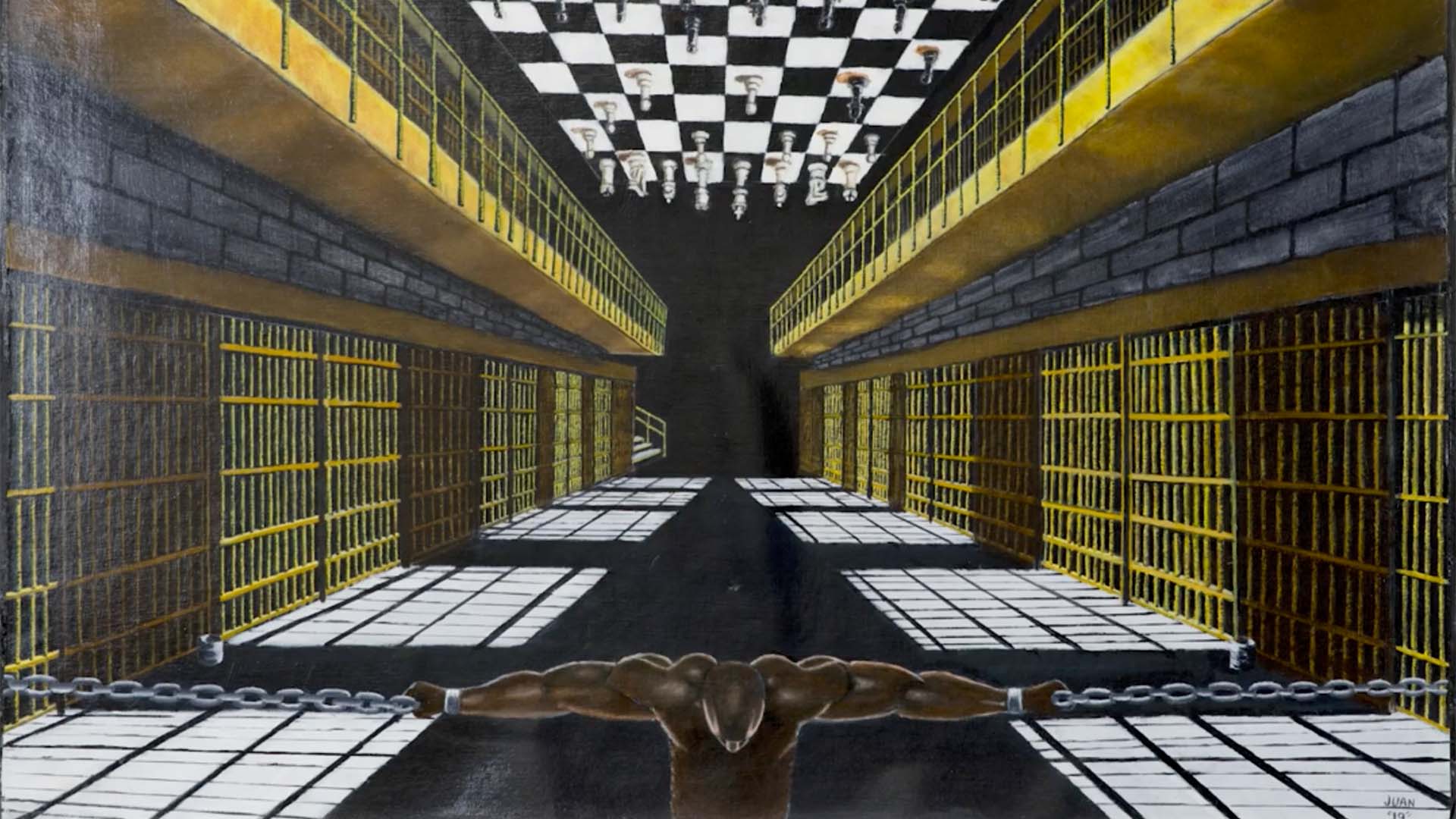 Painting of a chained man in prison with a chess board above him