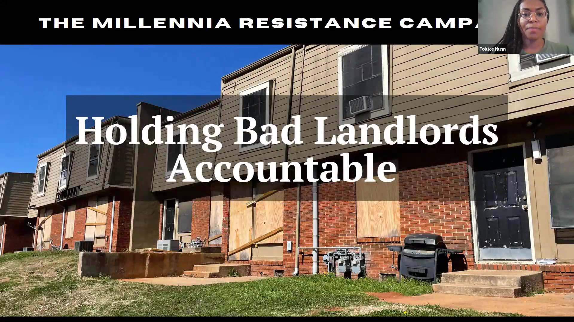 Webinar slide featuring a photo of boarded up apartments