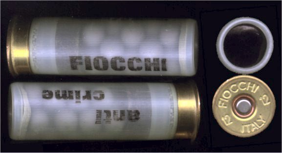 Photograph of a multi-munition. It's a small cylindrical translucent plastic cartridge, and the outlines of rubber buckshot within the cartridge is visible.
