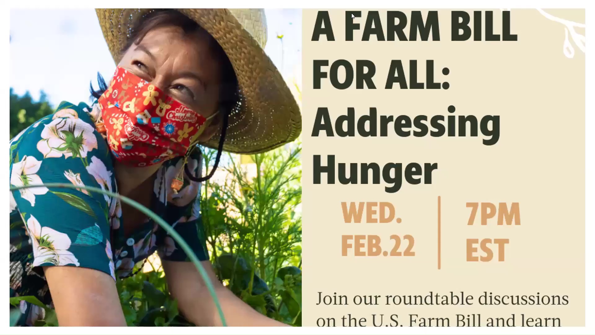 Webinar slide featuring a masked woman gardening outside with accompanying text