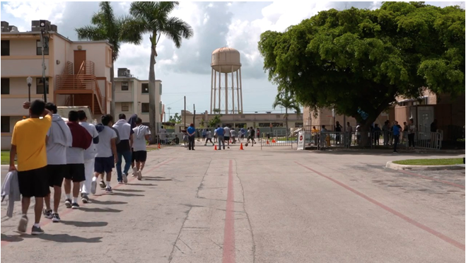 immigrant youth in a line at Homestead detention center