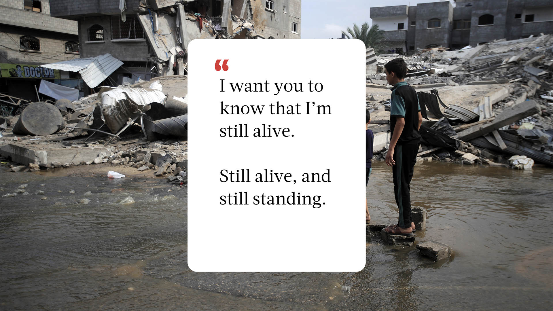 Text box in front of a photo of refugees in Gaza
