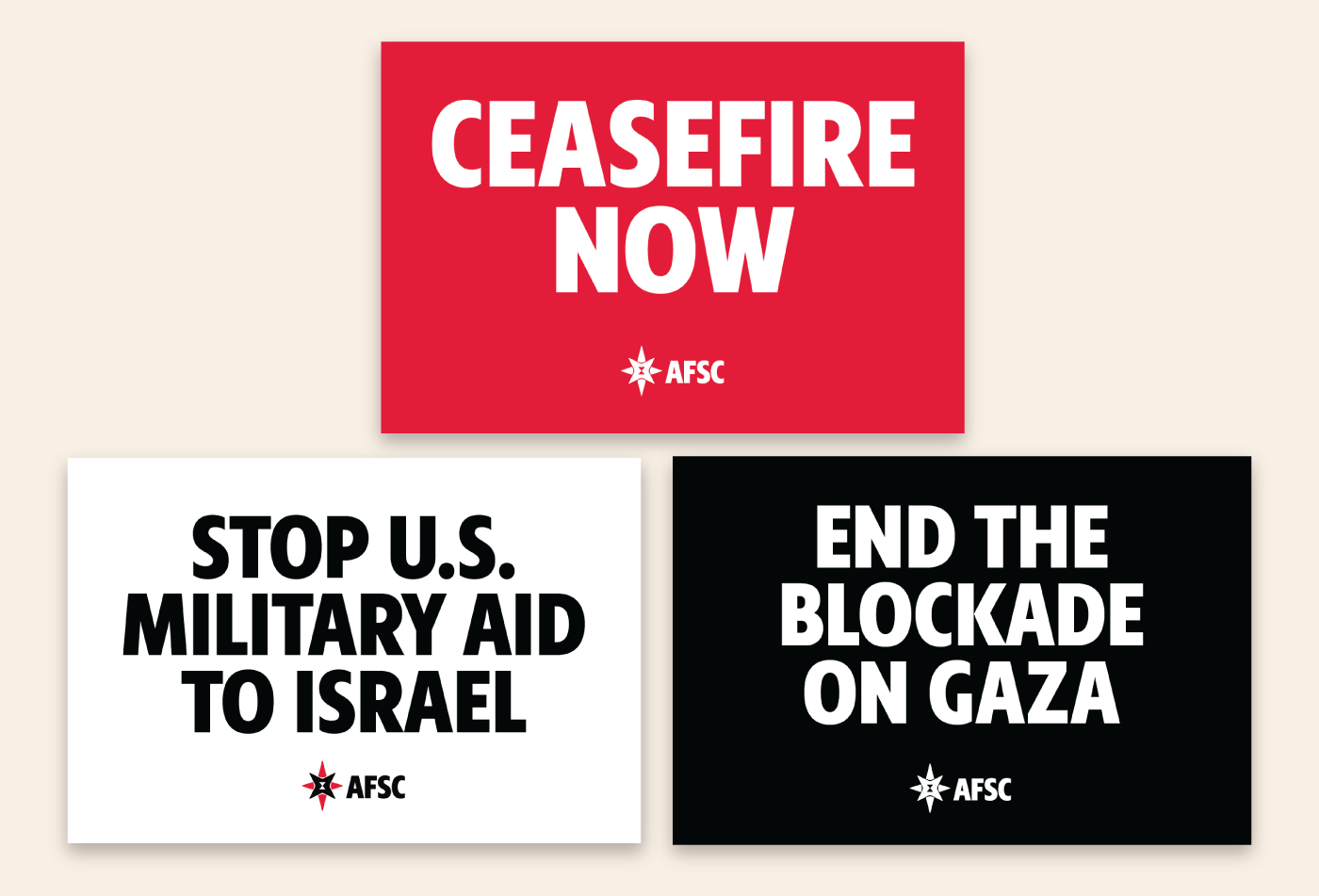 image of posters that say ceasefire now