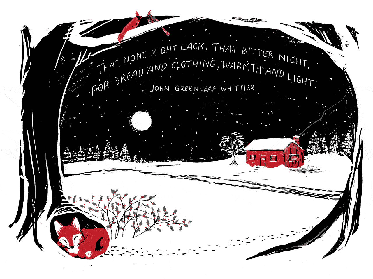 Black and white holiday card with snow falling at night in an open field.