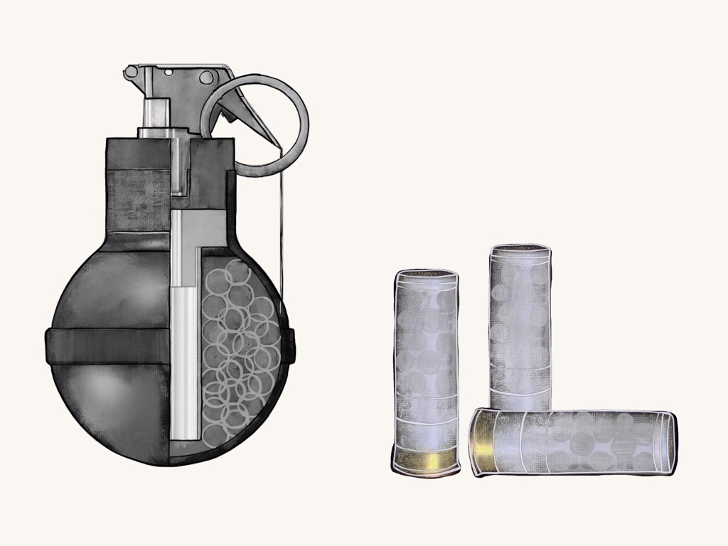 Illustration of two types of scattershots. One shows a grenade-style with a pin that can be pulled to explode out dozens of small ball-shaped munitions. The other illustration shows cartridges that can be loaded into a firearm, with small pellets inside the cartridge that will spray out after being fired.