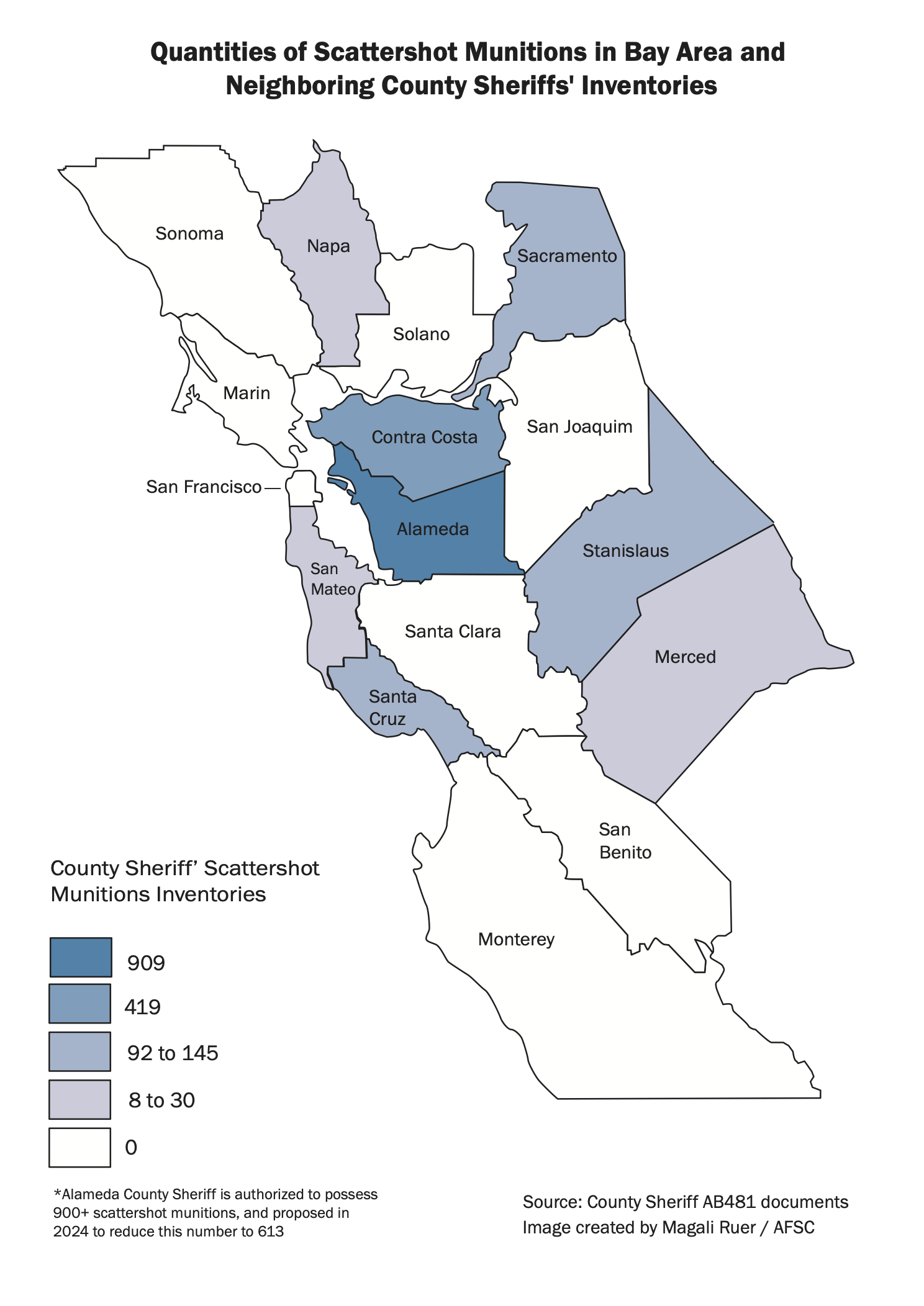 Map of counties of the bay area and surround counties, showing quantites of scattershot in county sheriff inventories. Half the counties don't possess scattershot at all, and the ones that do have far less scattershot than Alameda County. Image credit Magali Ruer.