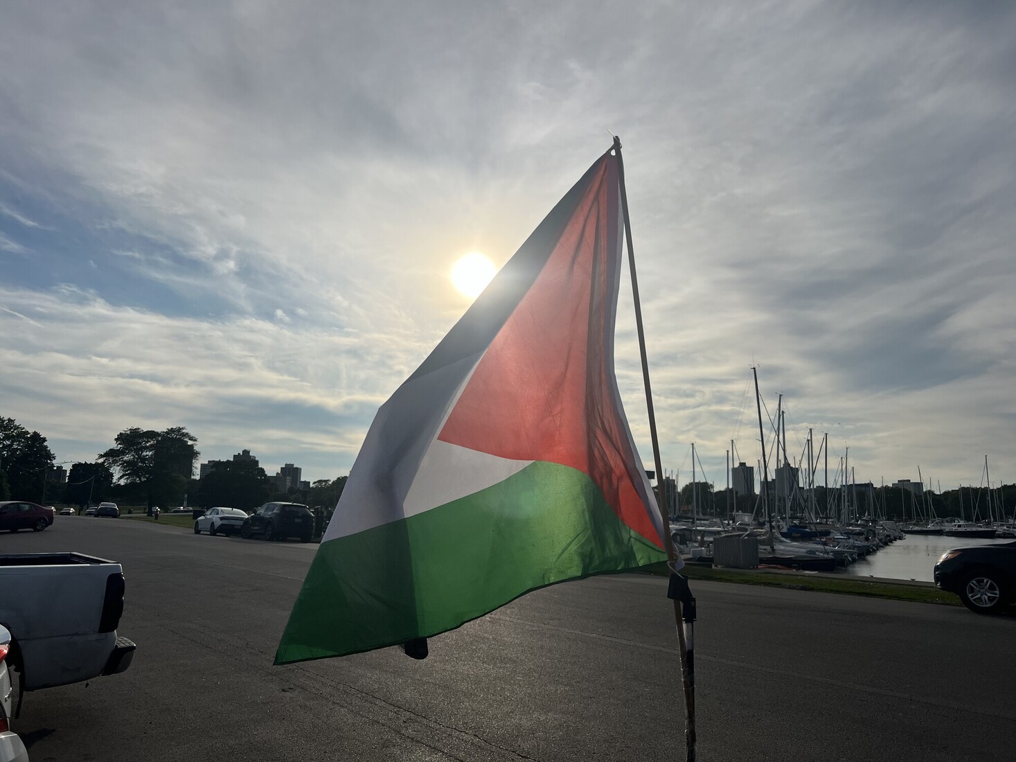 Palestinian flag flying by a pier in Chicago