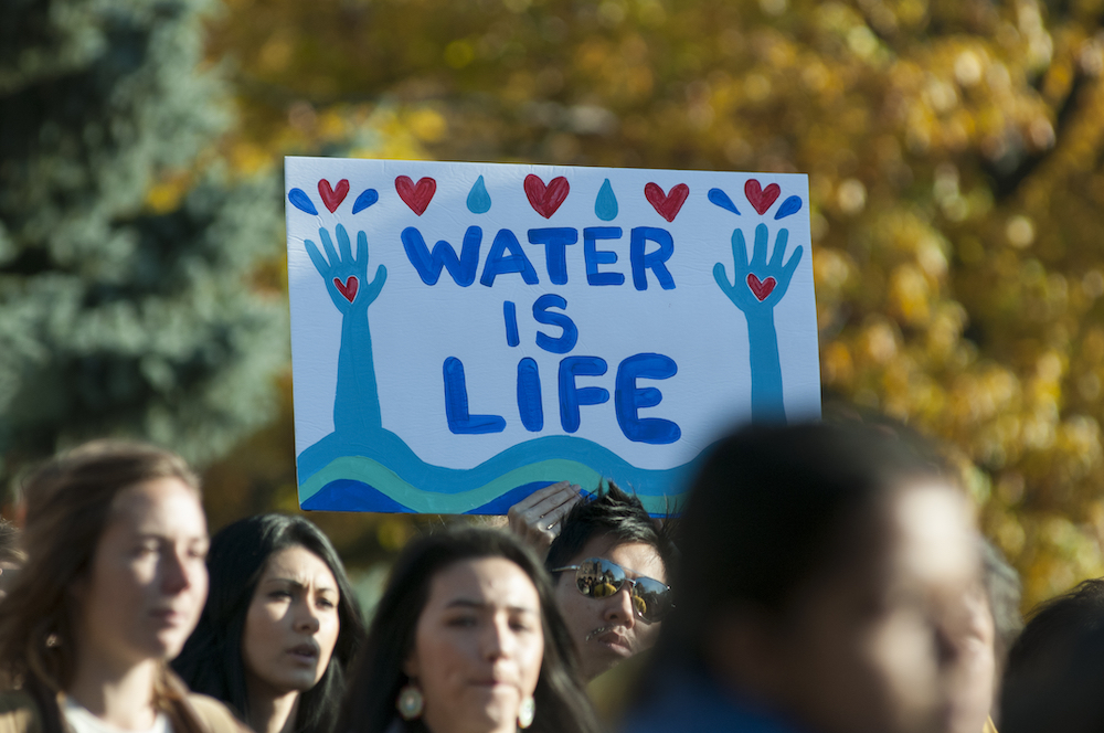 Image of a person in a crowd holding up a sign that says 'Water Is Life'