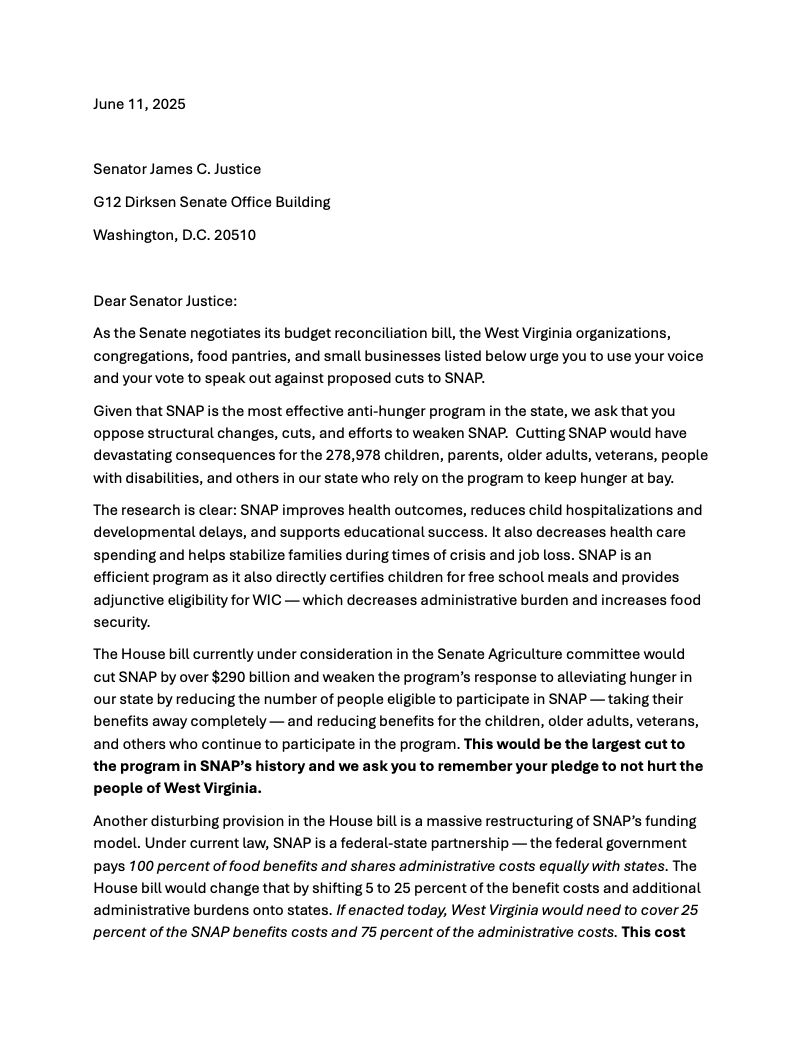 Letter to Senator Justice to Protect SNAP June 11, 2025