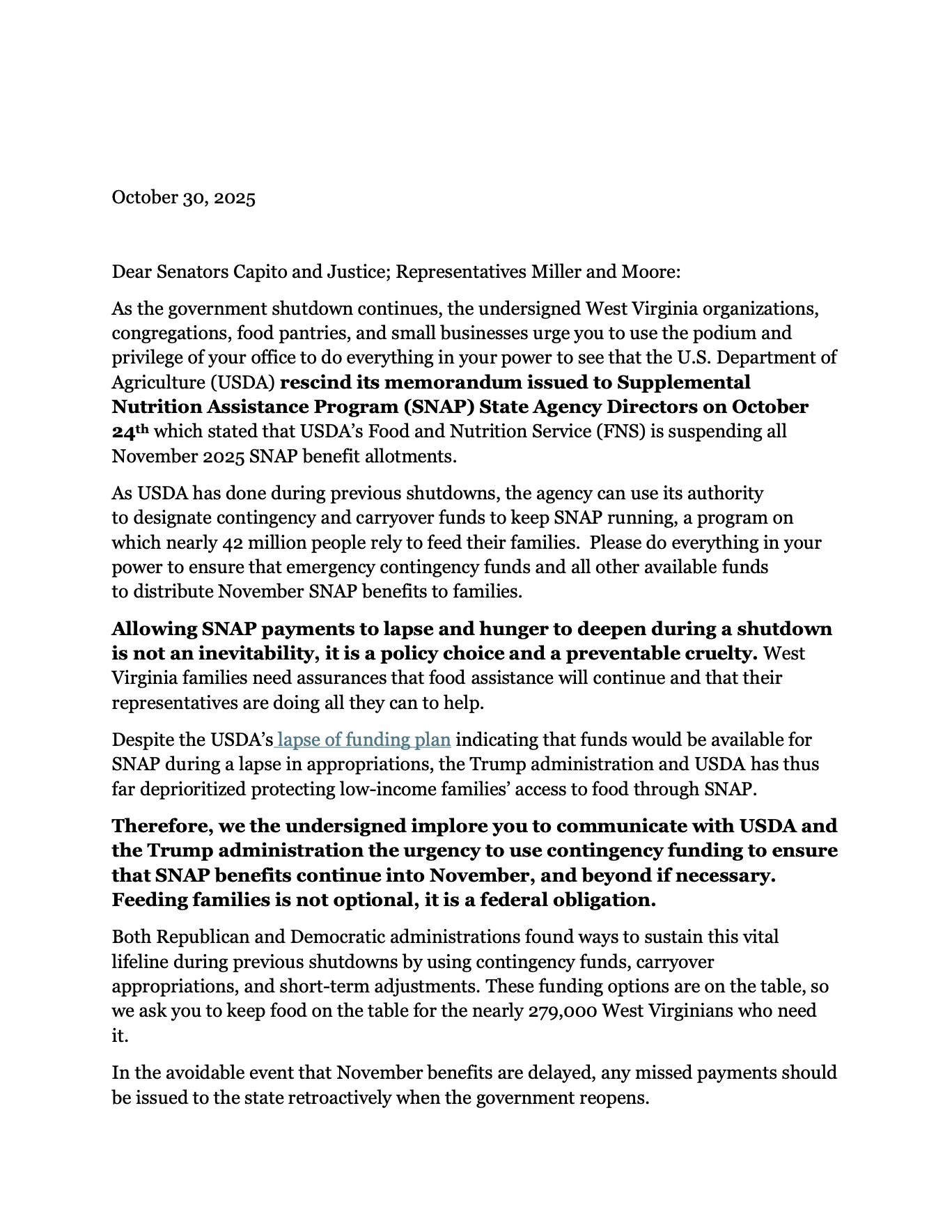 Open Letter SNAP USDA October 30, 2025