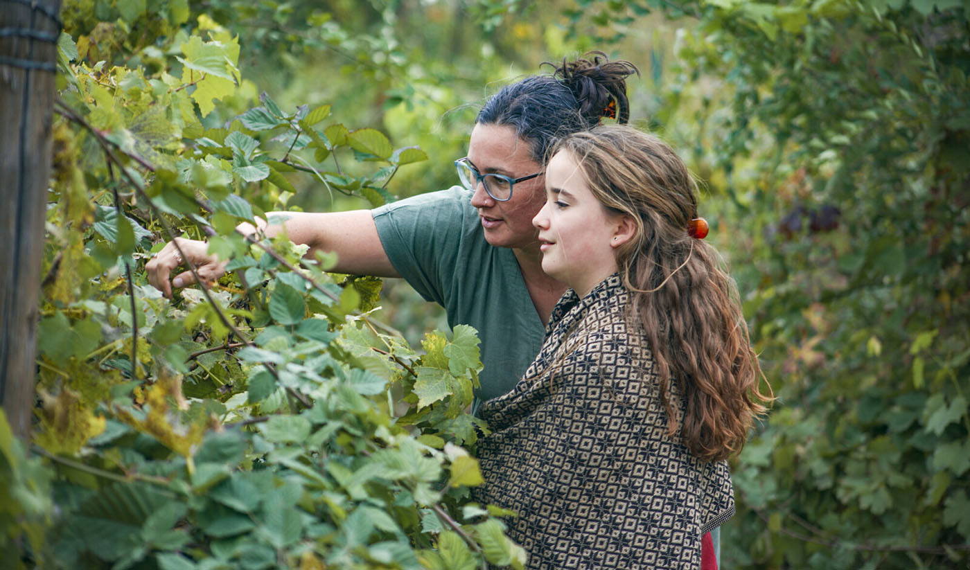 Two women harvesting produce at a farm.