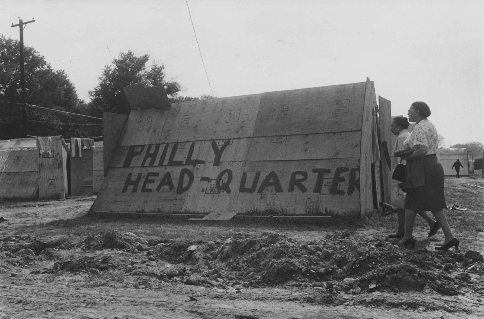 Makeshift dwelling with the text 'Philly Head-Quarters' printed on it.