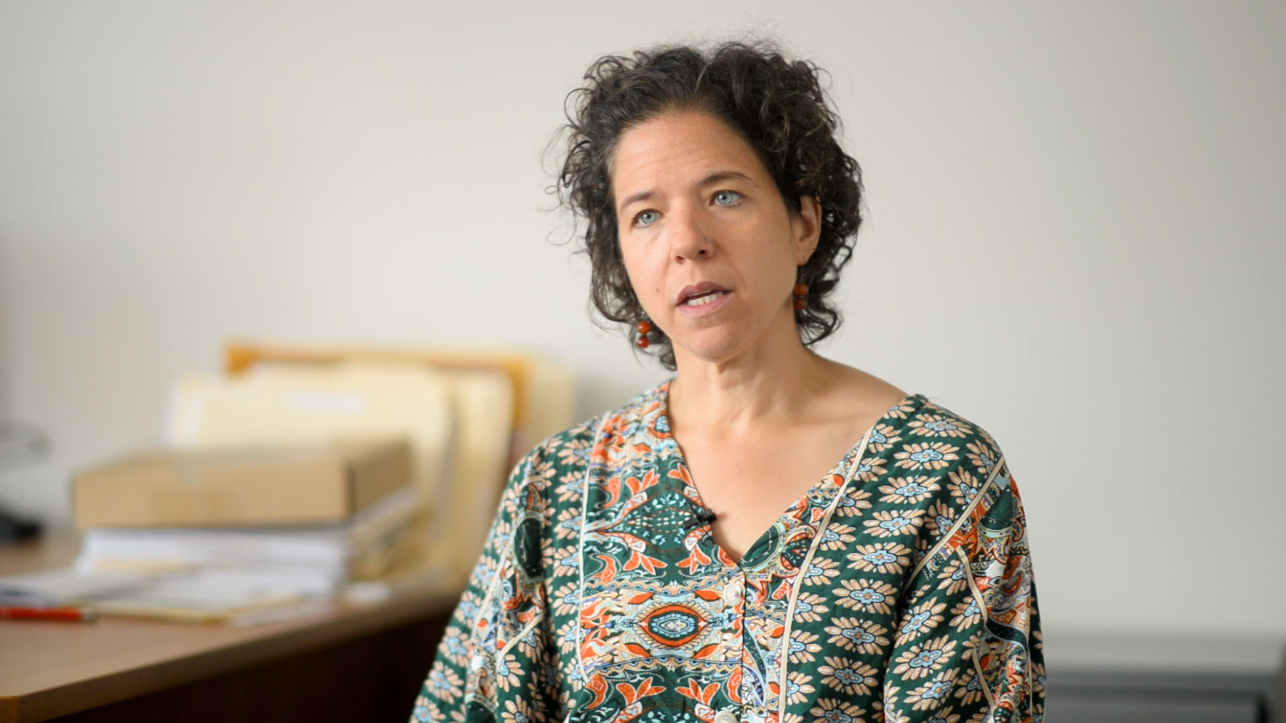 AFSC staff member Alexandra Goncalves-Pena speaking in an interview