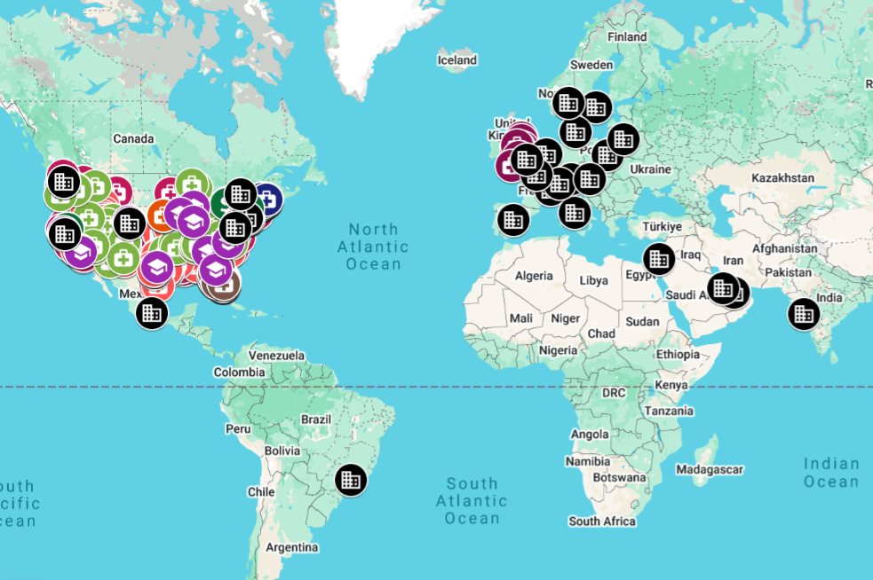 Part of a global map with points marking the locations of Palantir offices and select clients.