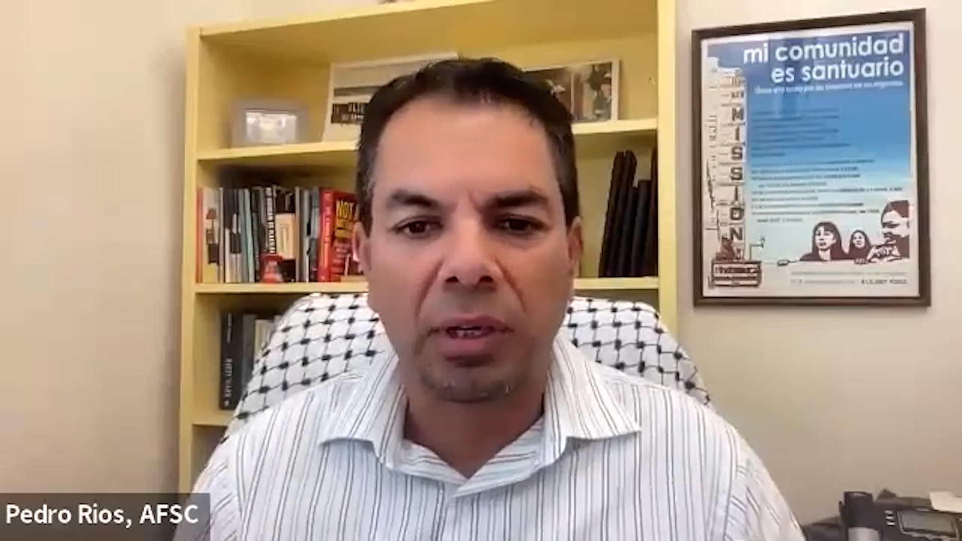 AFSC staff member Pedro Rios speaking on a webinar