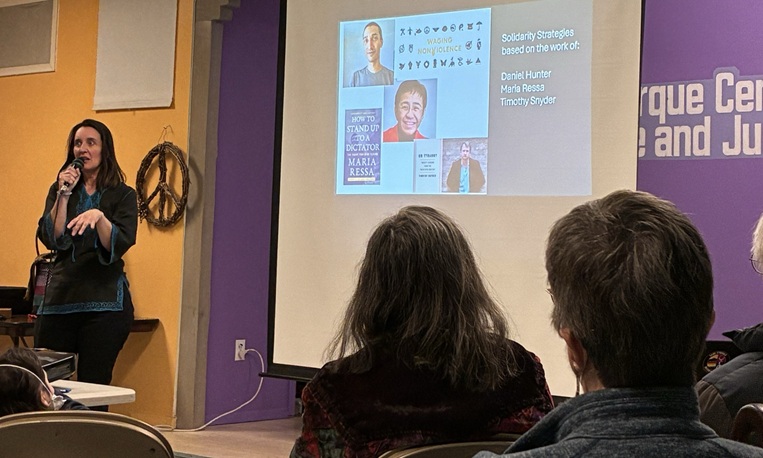 Sayrah Namaste speaking at the ABQ Center for Peace and Justice