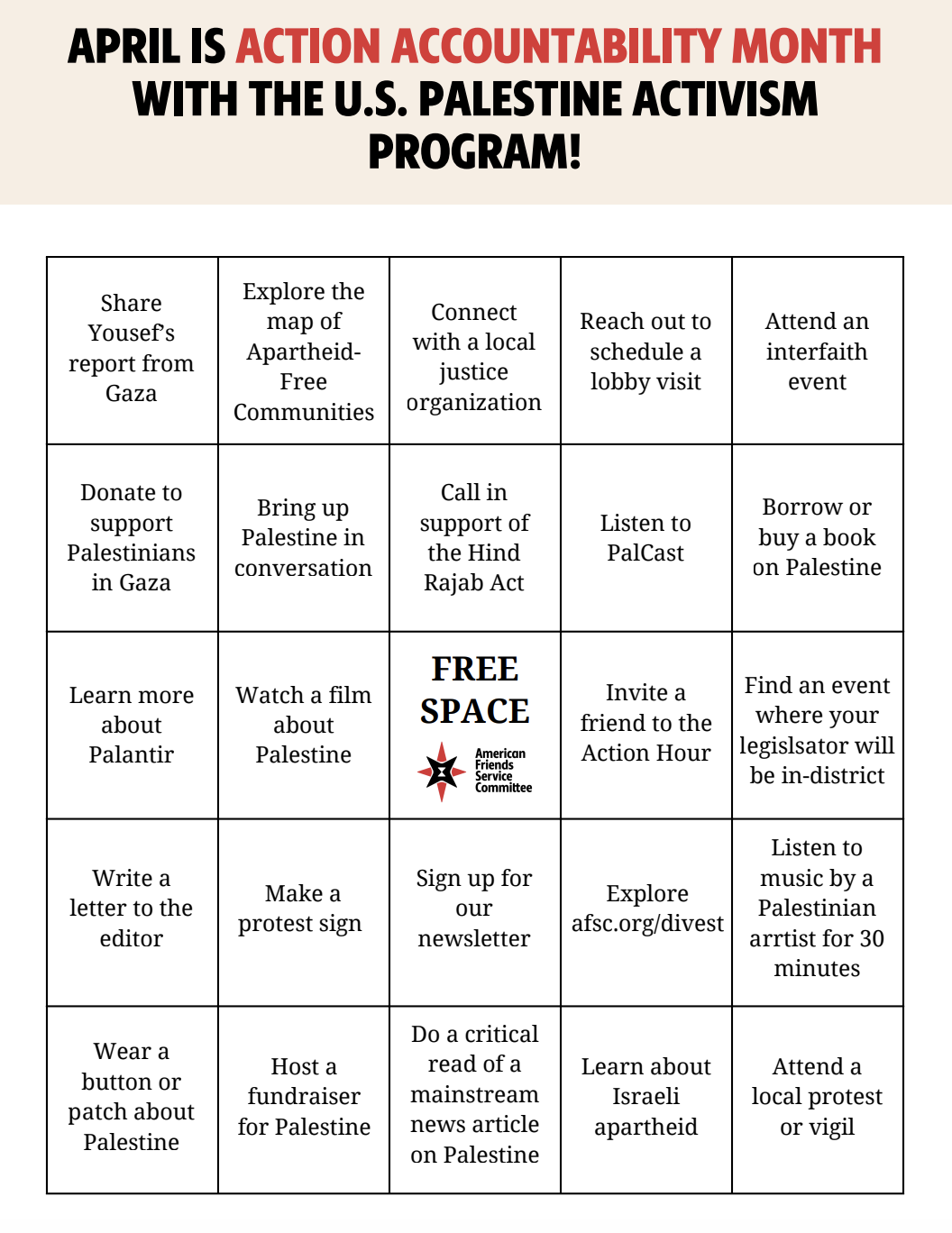 April Action Accountability Bingo Card