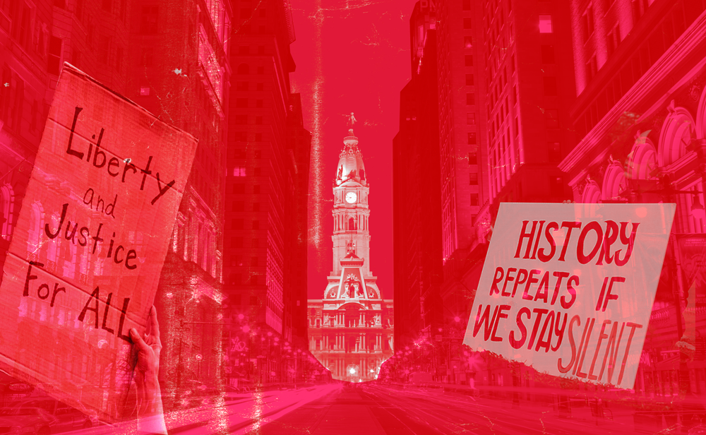 collage of Philadelphia and protest signs