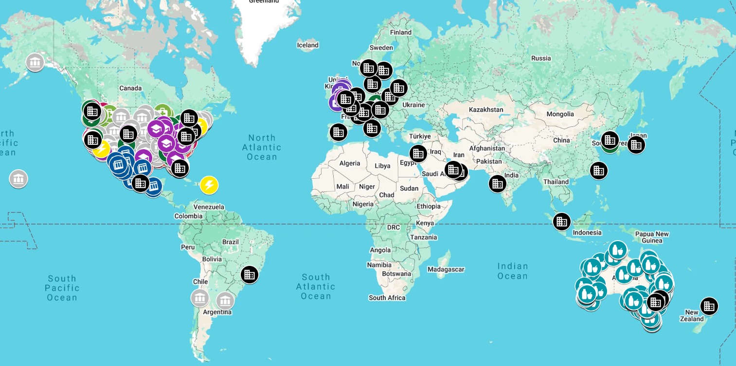 Map with pin points showing select clients and connections with Palantir