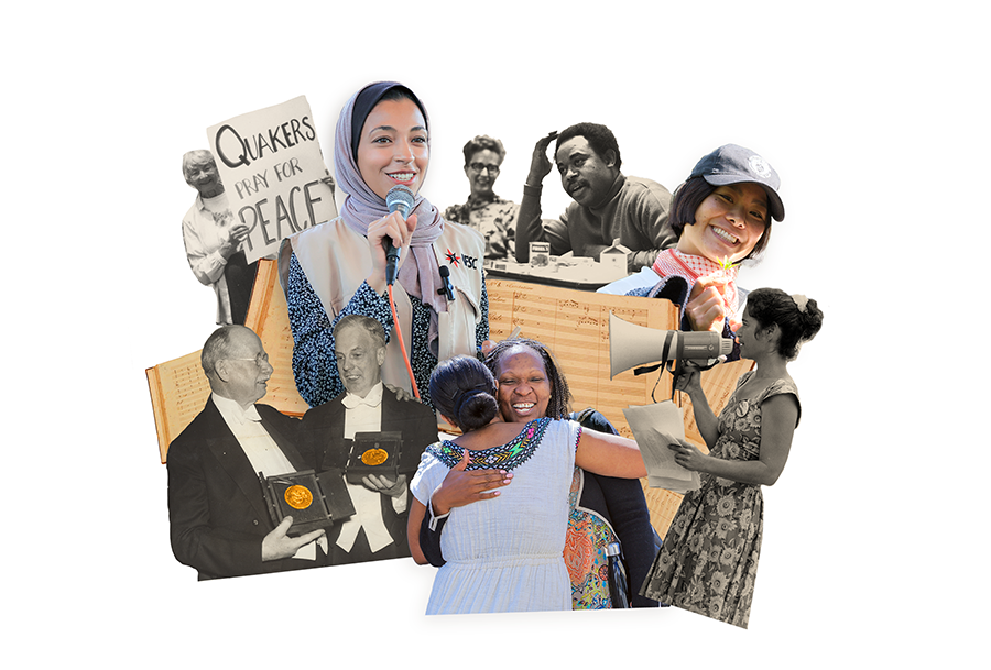 a collage of image of AFSCs present and past. in the middle are two modern women hugging and rejoicing. above them is an archival sepia photo of Tyree Scott, to the right of him is a women holding up a plant, on the bottem right corner are two men holding the nobel peace prize. a woman in the left top corner holds a sign that reads quakers for peace. 