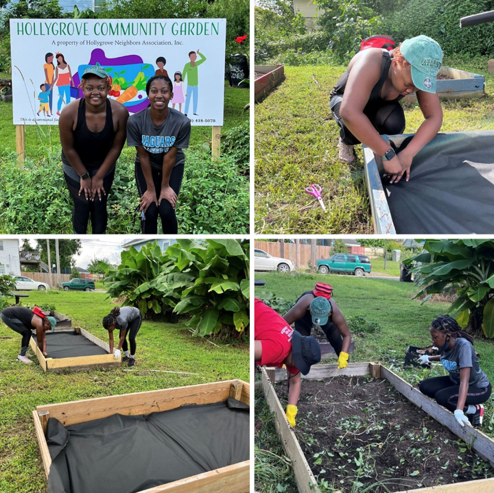 Volunteers work in a garden.