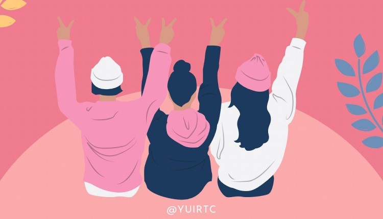 A bright pink graphic depicts three individuals throwing up peace signs.