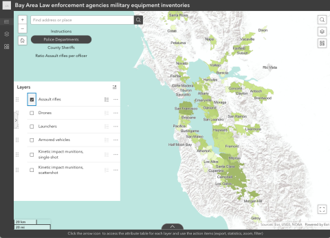 Screenshot of a map of California showing quantities of assault rifles held by police departments in the San Francisco Bay Area