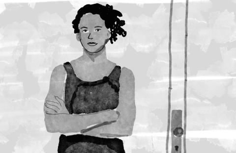 illustration of woman in front of door