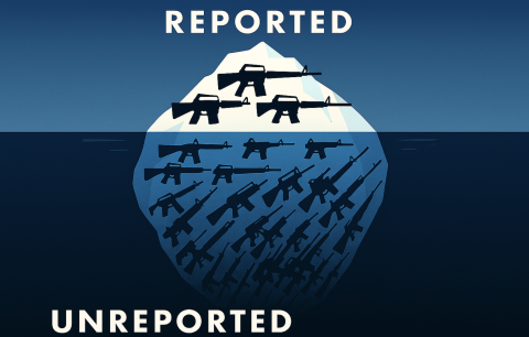 Graphic that shows an iceberg full of assault rifles, with text 'REPORTED' and 'UNREPORTED' implying more assault rifles are hidden than are seen