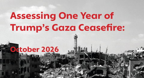 Cover of report with text "assessing one year of Trump's Gaza ceasefire"