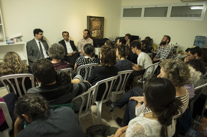 Two Palestinian lawyers representing Palestinian families under threat of evictions by the JNF in East Jerusalem, explaining the legal situation in an event in Jerusalem as part of the global week of action, May 24, 2016