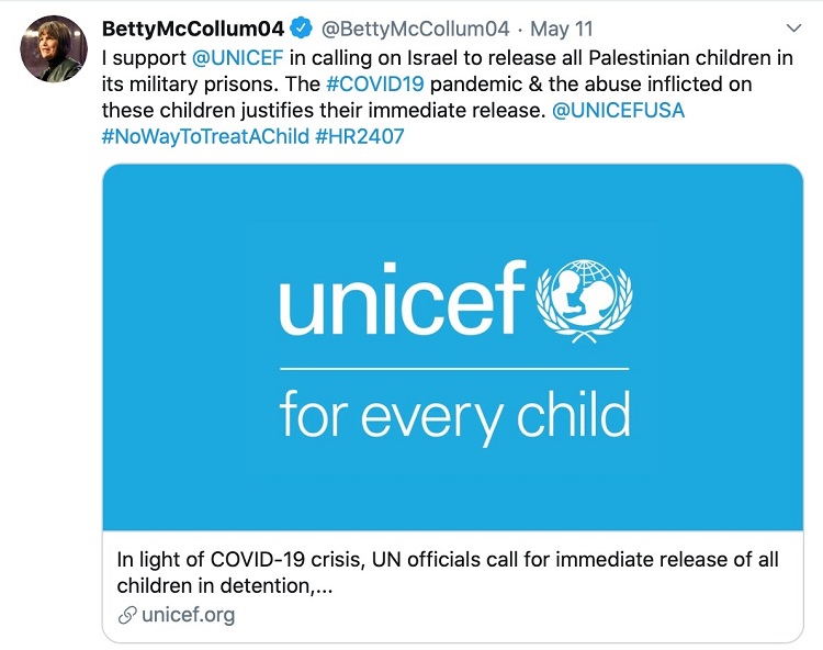 Betty McCollum's tweet in support of the UNICEF statement