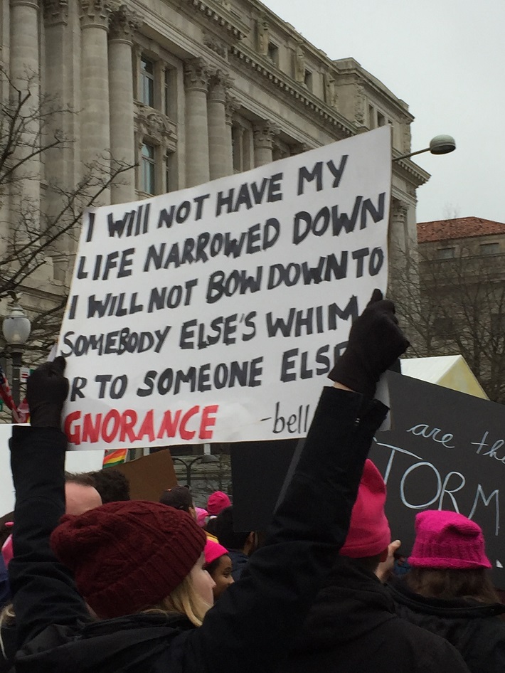 Bell Hooks quote on sign at Women's March, DC in Jan, 2016, photo by Lucy Duncan