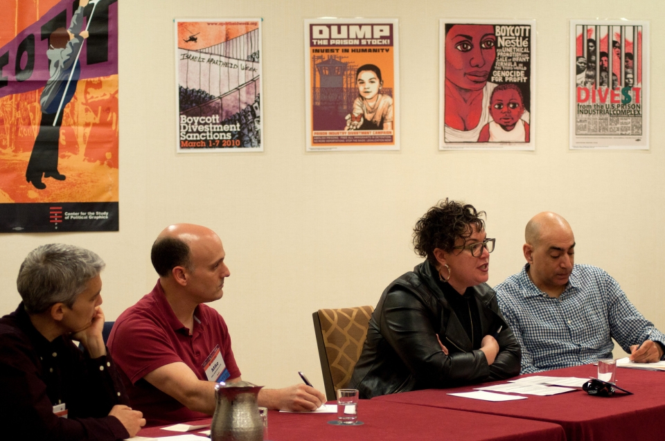 AFSC's Dalit Baum and Mike Merryman-Lotze, Alissa Wise of Jewish Voice for Peace, and Ali Abunimah of the Electronic Intifada speak at a workshop on the Palestinian-led BDS movement. Photo: Bryan Vana/AFSC