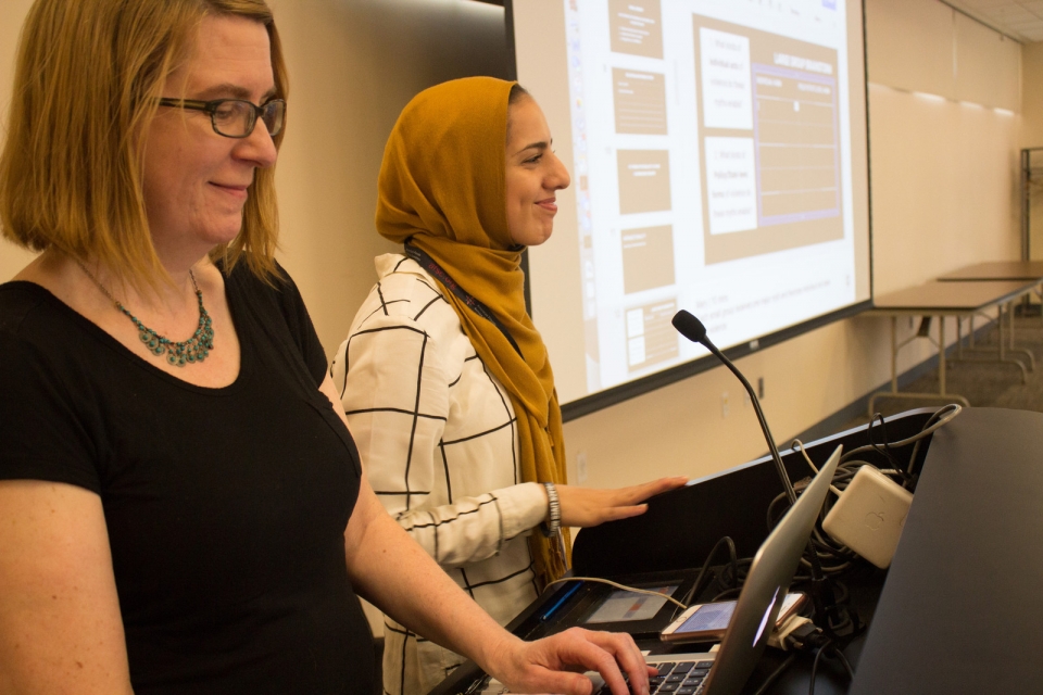AFSC's Mary Zerkel (left) and Dina El-Rifai gave a shortened version of the Communities Against Islamophobia training at our centennial summit in April. Photo: AFSC/Carl Roose 