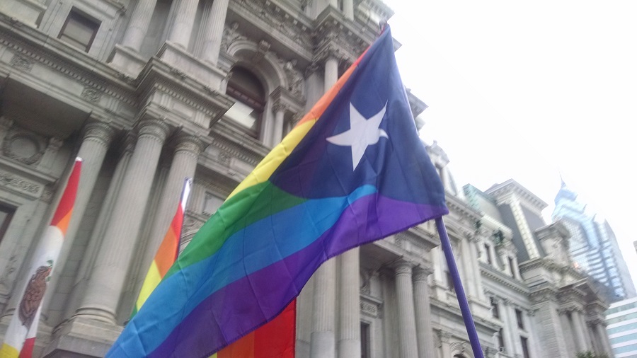 Rainbow flag at "Philly stands with Orlando" march in June 2016. Photo by Ralph Medley / AFSC.