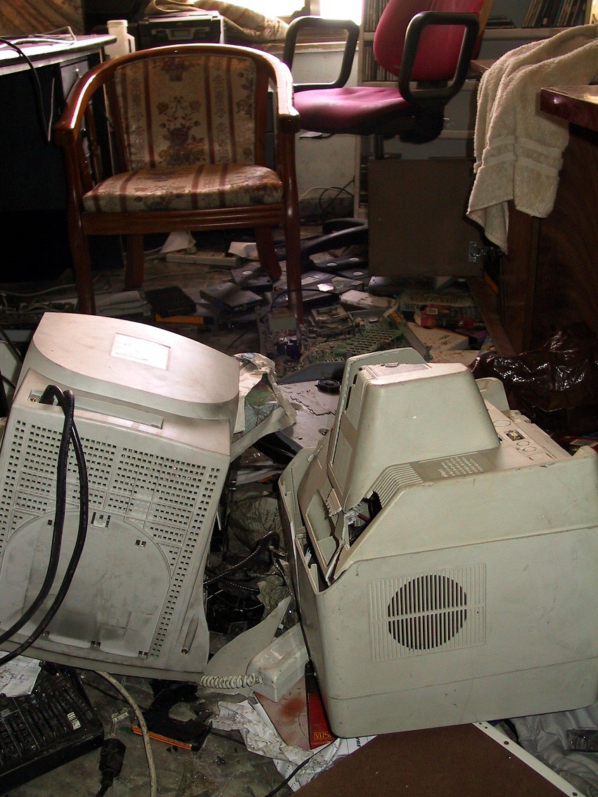 damage in the offices of a radio station after it was raided by the Israeli military.  This is similar to some of the destruction seen in the HDIP offices mentioned in the story. Photo by Peter Shafer.  