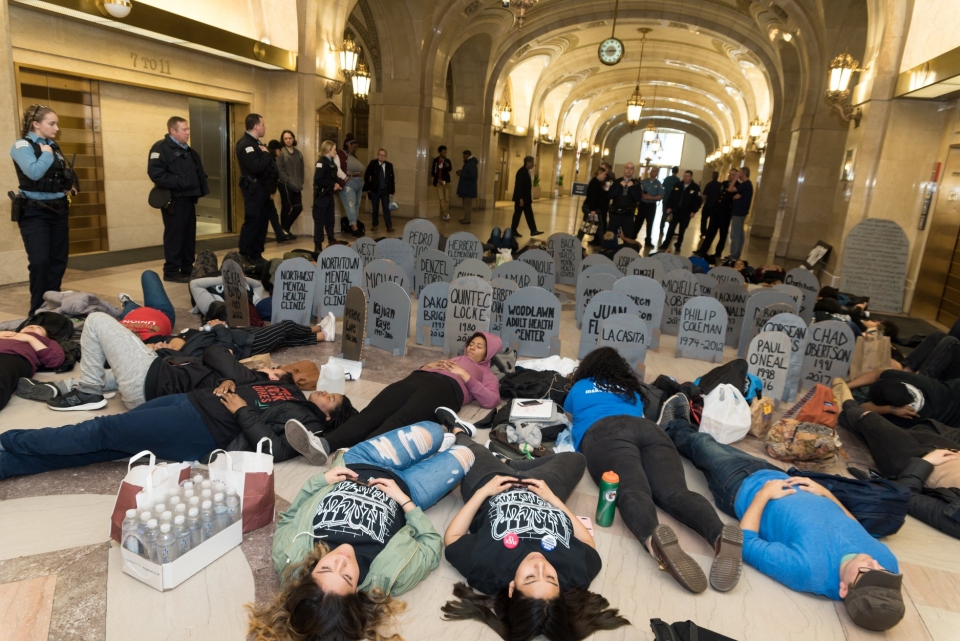 #NoCopAcademy die-in at city hall photo by Love & Struggle Photos